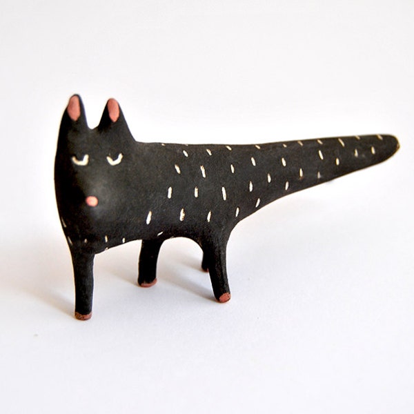 Special Halloween. Black Cat Ceramic Miniature with Black Engobe and Sgraffito. Ready To Ship