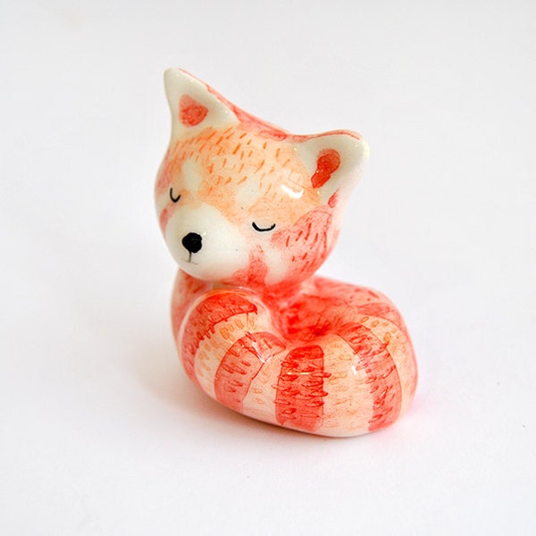 Ceramic Red Panda Miniature, Lesser Panda, Red Panda Totem, in White Clay and Decorated in Red, Orange and Black. Ready to Ship