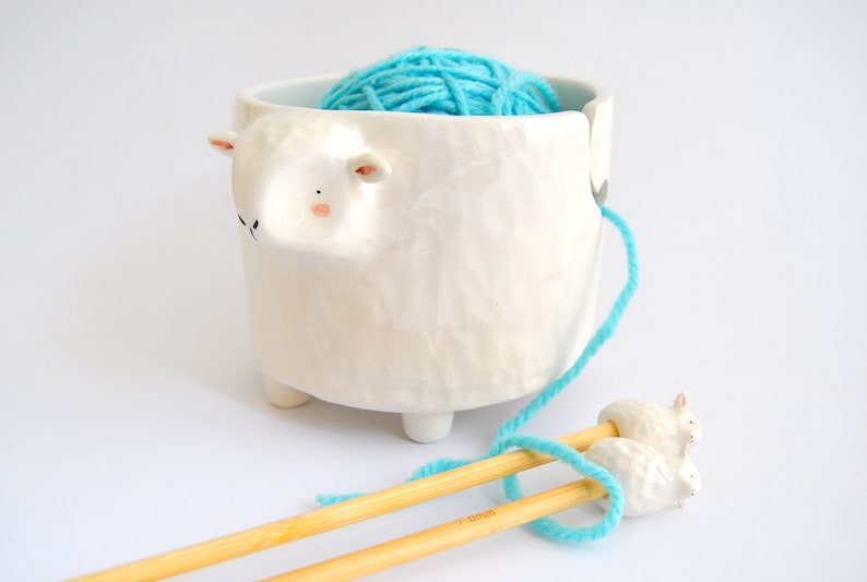 Set of White Sheep Ceramic Yarn Bowl and Matching Bamboo Etsy