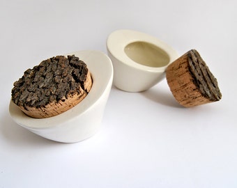 Ceramic Salt Cellar or Multi Purpose Box in White Clay with Rustic Natural Cork Stopper as Close. Ready to Ship