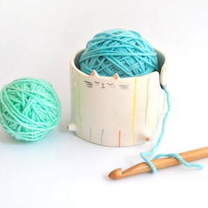 Ceramic Chubby Cat Yarn Bowl/ Knitting Bowl/ Crochet Bowl, Decorated with Multicolor Stripes. Ready to Ship
