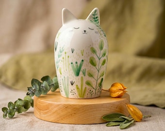 Minimalist Nature Cat Urn with Plug at the Bottom and Botanical Decoration. With or Without Name.