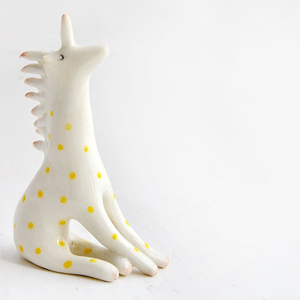 Handmade Magical Ceramic Unicorn Figure Decorated with Yellow Polka Dots and Pink and Black Details. Ready To Ship