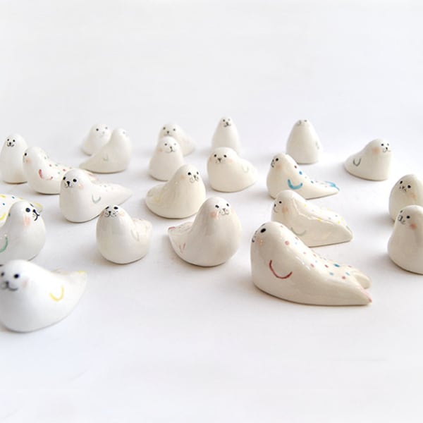 Cute Ceramic Seal Miniature in White Clay, Decorated with Multicolor Polka Dots. Ready To Ship