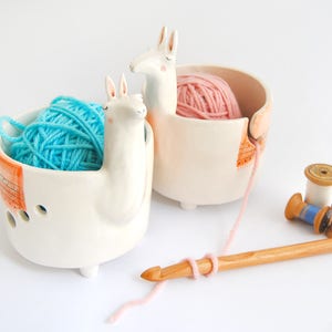 Ceramic Yarn Bowl or Knitting Bowl, Llama Shape, with orange Blanket. Ready to Ship