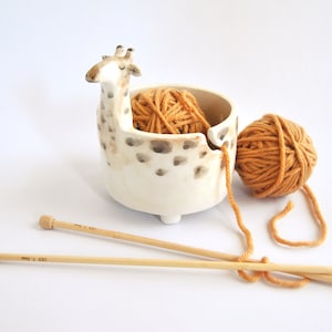 Ceramic Giraffe Yarn Bowl, Knitting Bowl or Crochet Bowl, Decorated in Ochre and Brown Shades.