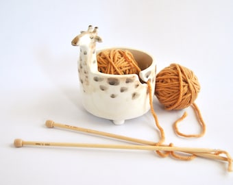 Ceramic Giraffe Yarn Bowl, Knitting Bowl or Crochet Bowl, Decorated in Ochre and Brown Shades.