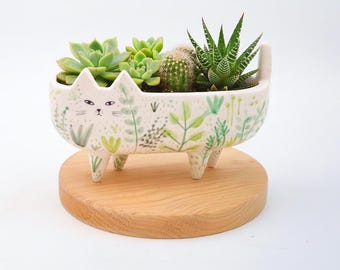 Ceramic Cat Nature Planter, Elongated Shape, for Plants and Flowers. Plant Pot. Ready to Ship