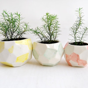 Three Faceted Ceramic Planters Decorated in Green Red and Yellow. Geometric Flower Pot. Ready to Ship image 1