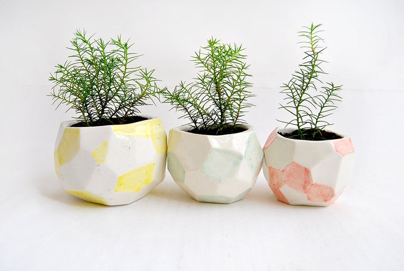 Three Faceted Ceramic Planters Decorated in Green Red and Yellow. Geometric Flower Pot. Ready to Ship image 1