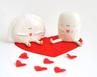 Set of Two Figures of Croqueta and Empanadilla with Red Heart by Ana Oncina. Cake Toppers. Wedding Gifts . Ready to Ship