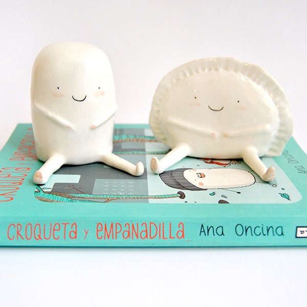 Set of Two Figures of Croqueta and Empanadilla by Ana Oncina. Ceramic Cake Toppers. Wedding Gifts. Made to Order