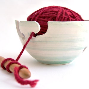 Ceramic Yarn Bowl, Knitting Bowl, Crochet Bowl Hand Painted in Green, with Double Hitch and Openwork Dots. Ready To Ship