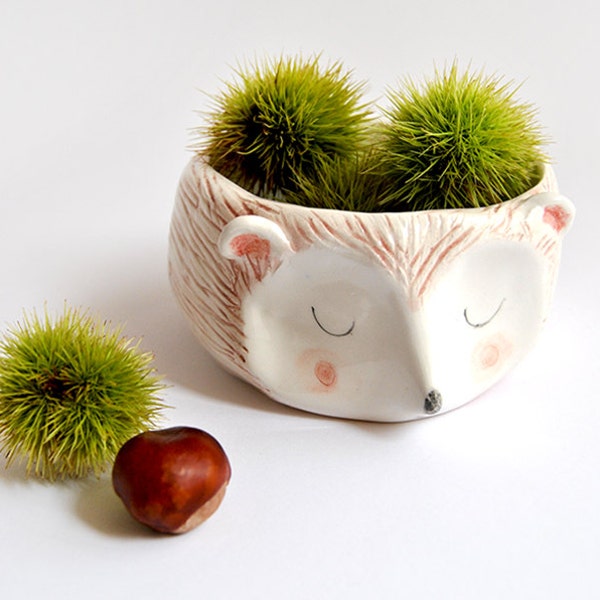 Hedgehog Bowl in White Clay Decorated with Pigments in Brown, Pink and Black. Ready To Ship