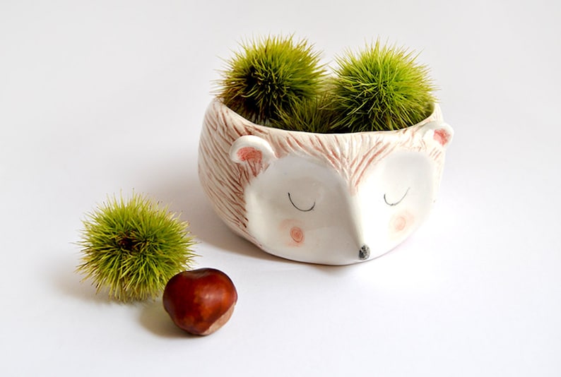 Ready To Ship Hedgehog Bowl in White Clay Decorated with Pigments in Brown Pink and Black