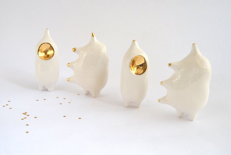 Ceramic Alien Figure in White Clay with Real Gold Details, Spikes Shape. Ready to Ship. image 1