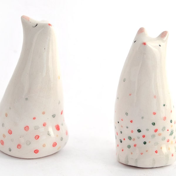 Pair of Little Ceramic Miniatures in White Clay  Cat Shaped and Decorated with Multicolors Dots. Ready To Ship