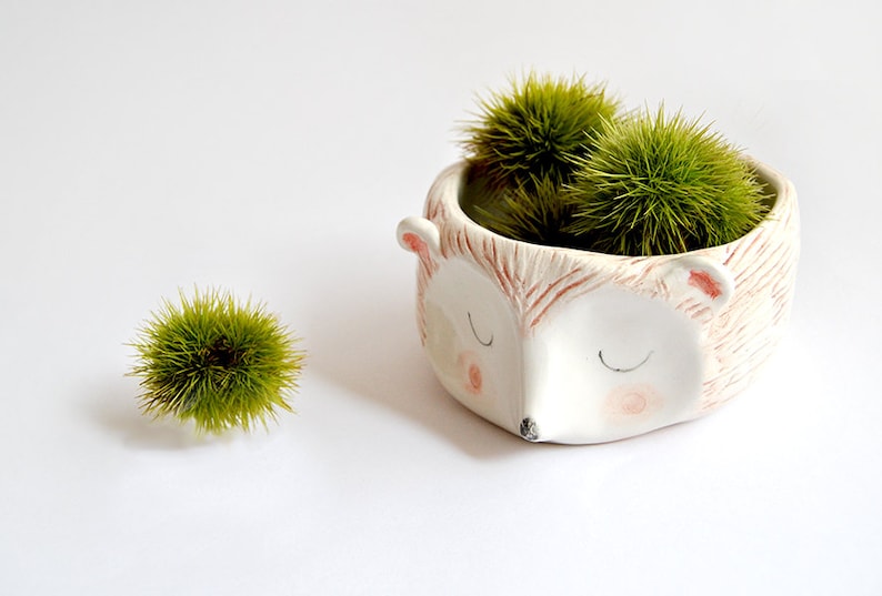 Ready To Ship Hedgehog Bowl in White Clay Decorated with Pigments in Brown Pink and Black