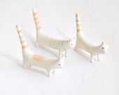 Long Tail Cat Ceramic Miniature in White Clay, Decorated with Stripes, Spots or Plain White. Ready to Ship