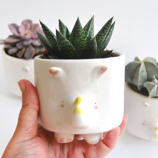 Cute Chubby Ceramic Rhino Planter, Flowerpot, Ceramic Pot, With Little Feet and Yellow Horns and Pink Details. Ready To Ship