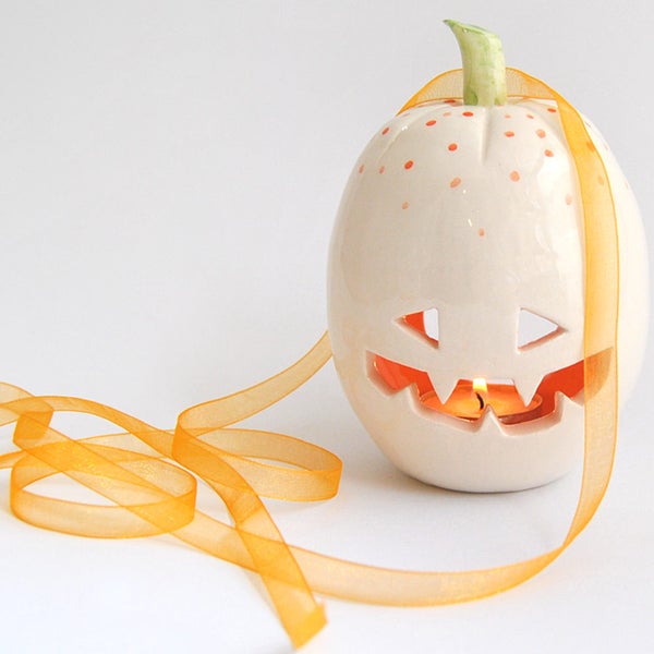 Special Halloween. White Ceramic Pumpkin Candle Holder,  with Orange Dots and Green Tail and Orange Inside. Ready to Ship