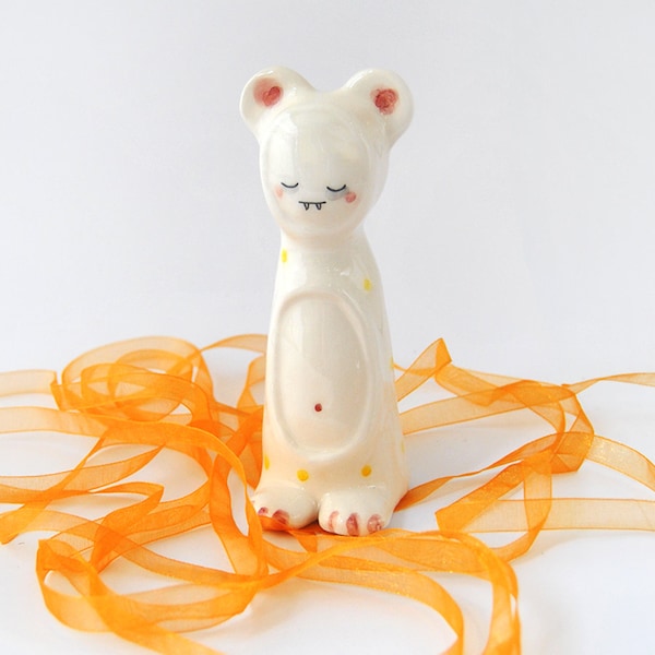 Little Vampire Figure of Ceramic, with his Bear Sleepwear with Yellow Polka Dots.Ready To Ship
