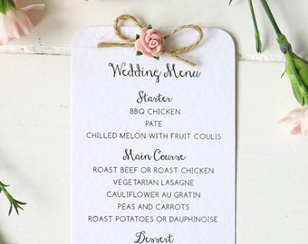 Rustic Rose, Twine and Gold Heart Wedding Menu