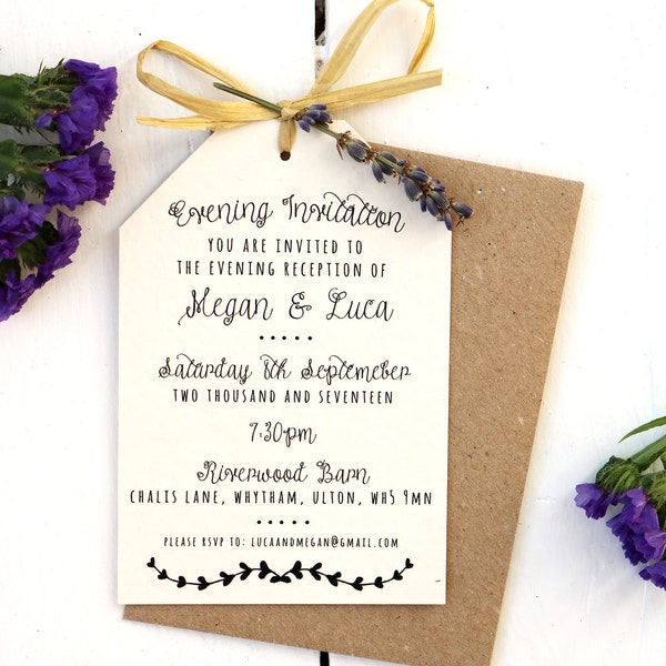 Rustic, Lavender and Raffia Bow Evening Invitation