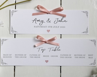 Elegant, Vintage, Rose Pink Ribbon and Heart Landscape Top Table Card, Header Card