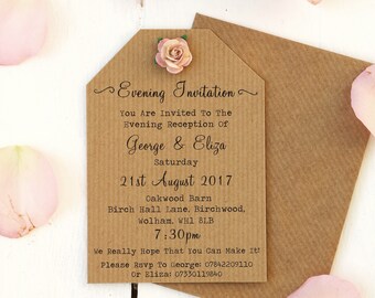 Rustic Rose Small Evening Invitation - Ribbed Kraft, Tag Style, Paper Rose, Vintage