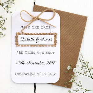 Rustic, Burlap, Hessian and Twine Bow Save the Date Card Barn Wedding, Country Wedding image 1