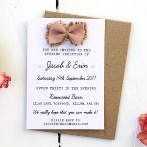 Rustic Fabric Bow and Burlap, Hessian and Pearl Small Evening Guest Invitaiton image 1