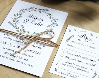 Rustic, Boho, Floral, Botanical Wedding Invitation, RSVP, Twine