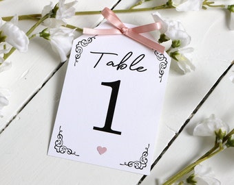 Elegant, Vintage, Rose Pink Ribbon and Heart Table Number