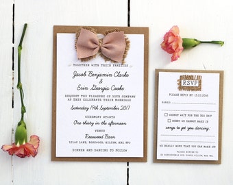 Rustic Pearl, Fabric Bow and Burlap Wedding Invitation Set - Pretty, Elegant, Shabby Chic