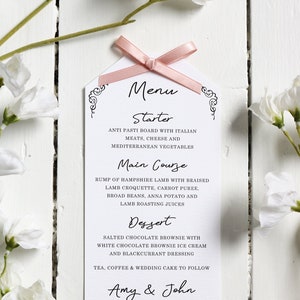 Élégant, vintage, Rose Pink Ribbon et Heart Wedding Menu image 1