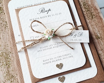 Elegant, Vintage, Ivory Rose and Champagne Gold Glitter Heart Wedding Invitation Set with Twine Bow and Tag Detailing