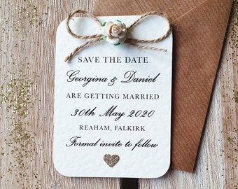 Rustic, Vintage, Elegant, Ivory Rose & Champagne Gold Glitter Heart Save the Date - Twine Bow Detailing