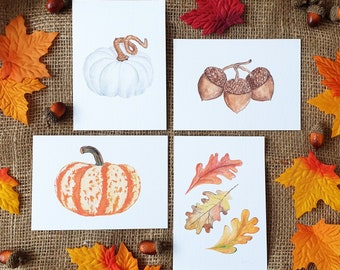 Autumn Watercolour Mini Prints - Autumn Decor, White Pumpkin, Fall, Acorns, Autumn Leaves, Farmhouse Style