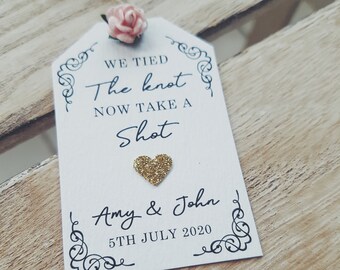 Rustic Rose and Gold Heart 'We Tied The Knot So Take A Shot' Wedding, Party Favour Tags