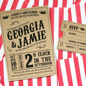 Kraft Vintage Style Karneval, Zirkus Hochzeitseinladung, Ticket-Set, Hochzeitseinladung