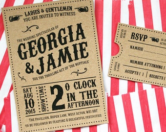 Kraft Vintage Style Carnival, Circus Themed Wedding Invitation, Ticket Set, Marquee Wedding Invitation