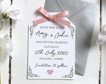 Elegant, Vintage, Rose Pink Ribbon and Heart Save the Date Card
