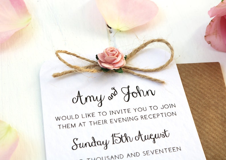 Rustic Rose and Gold Heart Small Evening Invitation Twine Bow Detailing image 4