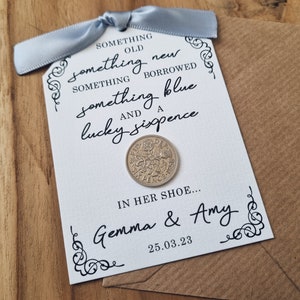 Something Old, Something New, Something Borrowed, Something Blue and a Lucky Sixpence in her Shoe Personalised Lucky Sixpence Wedding Card image 2
