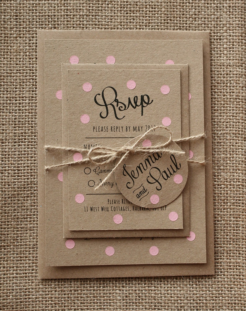 Pastel Pink Polka Dot Wedding Invite Set Rustic Kraft image 3