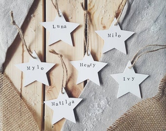 Hand Stamped, Personalised Wooden Star Christmas Decoration, Winter Wedding, Wedding Place Setting, Wedding Favour