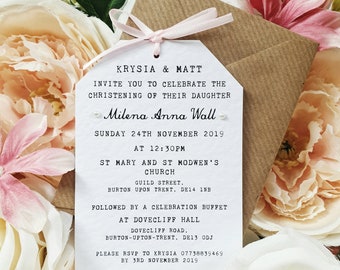 Baby Girl, Baby Boy, Ribbon Bow Christening Invitation - Baptism, Naming Ceremony, Simple, Ribbon, Pearl Pretty Invite