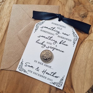 Something Old, Something New, Something Borrowed, Something Blue and a Lucky Sixpence in her Shoe Personalised Lucky Sixpence Wedding Card zdjęcie 6