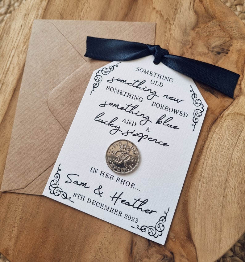 Something Old, Something New, Something Borrowed, Something Blue and a Lucky Sixpence in her Shoe Personalised Lucky Sixpence Wedding Card image 6